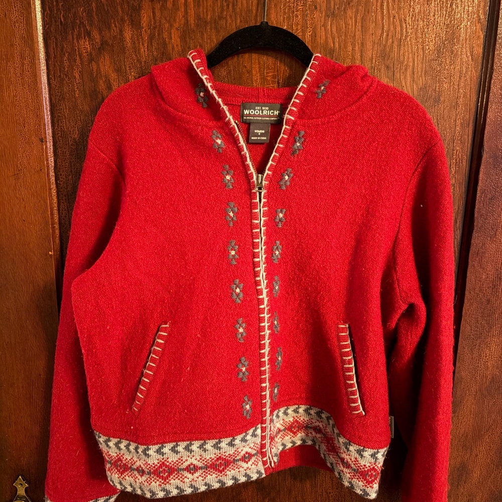 Woolrich 100% wool Ruby Red Zip-Up Patterned Sweater Size small